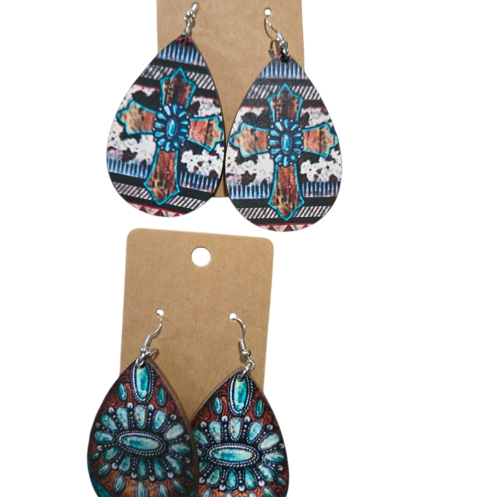 Turquoise & Brown Western Boho Wooden Earring Set